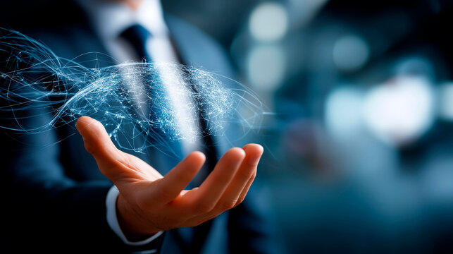 Professional presenting futuristic business world virtual graphic faceless businessman defocused background innovation digital processing technology 21st century advancement