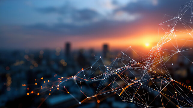 Smart metropolis and abstract point connect with gradient line defocused urban background technological infrastructure visualization innovative connectivity scene digital