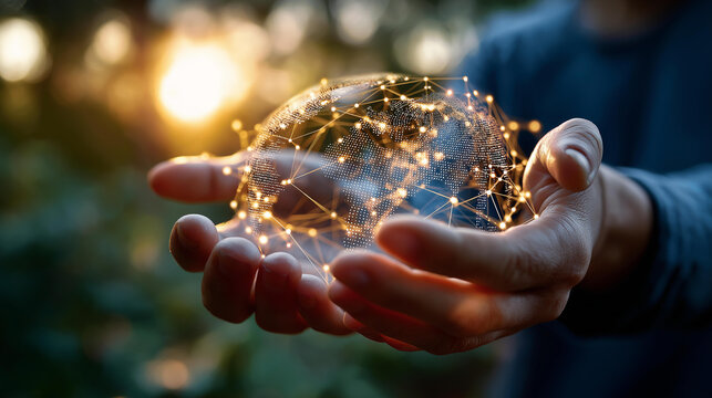 Hands holding global network and data customer connection faceless person defocused nature background technological innovation scene worldwide connectivity moment digital