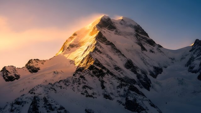 Majestic snow-capped mountain peak illuminated by golden sunrise light - Powered by Adobe
