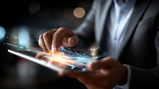 Individual with futuristic digital tablet on project faceless man defocused technological background innovative planning scene advanced development moment digital