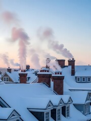 Charming winter landscape with snow-laden rooftops and smoking chimneys at sunrise