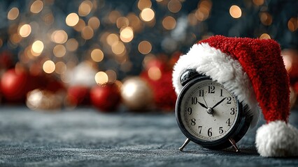 Christmas countdown concept with alarm clock wearing Santa hat on holiday background