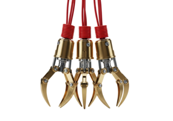 Three interlocking, brushed brass robotic crane game claws with thick, saturated red electrical wires, clinical macro close-up on a white studio background. concept of precision and chance