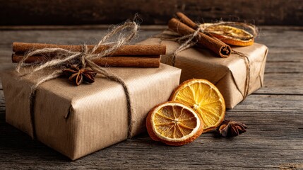 A rustic, cozy holiday scene with wrapped gifts tied with twine, cinnamon sticks, dried orange slices, and star anise arranged on a wooden surface, creating a warm and festive atmosphere.
