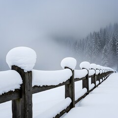 Snow piled on rustic wooden fence posts with a mysterious foggy forest view
