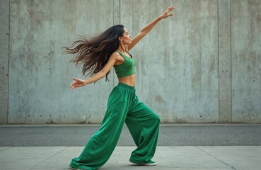 Young latin woman dances on street with grey concrete wall background. She wears green sportswear. Female dancer moves, performs modern dance outside. Woman has long flowing hair, confident posture.
