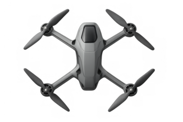 Modern gray drone quadcopter flying for aerial views, unmanned aerial vehicle technology, top hovering design with transparent background