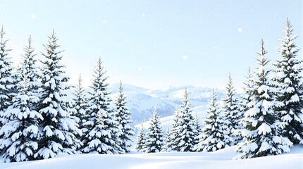 Snow-covered pine trees against a backdrop of majestic snow-capped mountains under a serene blue sky with gentle snowfall