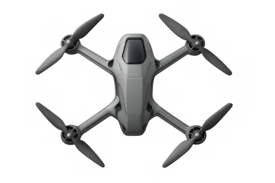 Modern gray drone quadcopter flying for aerial views, unmanned aerial vehicle technology, top hovering design with transparent background