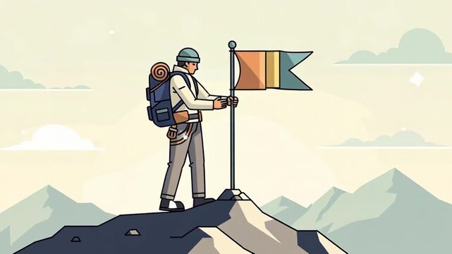 A Climber Achieves The Summit, Planting A Flag And Celebrating Success On The Mountain Top