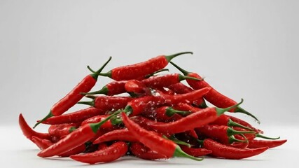 Fresh red chili peppers falling in slow motion with water droplets splashing on white background for spicy food cooking and culinary ingredient video commercials - Powered by Adobe