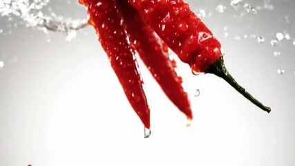 Closeup of hot red chillies floating in the air with water splash effects and sharp details for mexican cuisine recipes and healthy nutrition content creation - Powered by Adobe