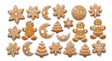 Festive array of spiced cookie shapes including flakes celestial bodies jolly figures and evergreens