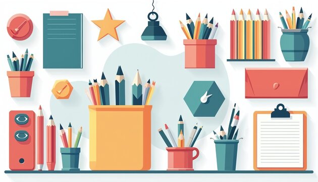 Illustration presents collection of office supplies. Pencils pens notebook folder clock organiser shapes are shown. Artwork conveys concept of office workplace tools in flat design.
