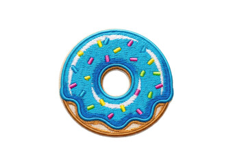 Detailed macro of an embroidered donut fabric patch with bright blue satin stitching and neon pop-art sprinkles, isolated on a white background with copy space. Concept of playful textile craft