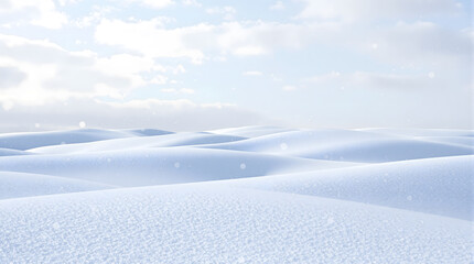 Serene winter landscape with rolling snow-covered hills and evergreen trees under a blue sky, capturing pristine beauty and tranquil essence of the cold season