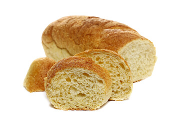 Fresh baked, slices of corn bread isolated on white  background, side view