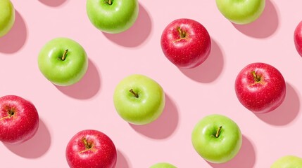 An Aesthetic Arrangement of Vibrant Red and Green Apples on a Soft Pink Background, Showcasing Their Freshness and Colorful Contrast