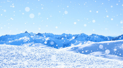 Serene winter wonderland panorama unfolding across majestic snow-capped mountain peaks under a gentle snowfall, creating a tranquil and picturesque natural landscape