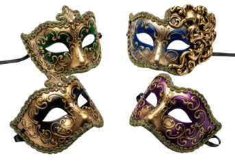 four ornate venetian masquerade masks in jewel tones (green, blue, purple) with antique gold filigree, arranged symmetrically on a white backdrop, sharp macro focus and volumetric lighting, concept