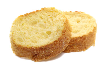 Fresh baked, slices of corn bread isolated on white  background, side view