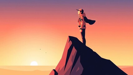 A Person Atop a Mountain, Overlooking a Scenic Sunset, Achieving a Milestone