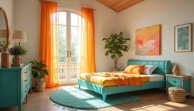 Bright modern bedroom features teal bed, dresser, nightstand. Orange curtains adorn arched window doors. Yellow bedding, orange throw blanket, pillows, green plants. Sunny room abstract art, wood
