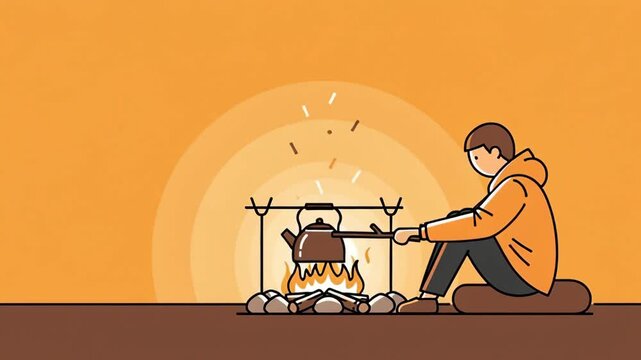A Person Brewing Tea Over Campfire: An Artistic Depiction of Serene Camp Life