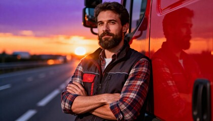 A truck driver in a red reflective jacket standing in front of a semi-truck parked outside a warehouse on a clear, sunny afternoon. The pavement is dry, and the setting feels crisp and professional	