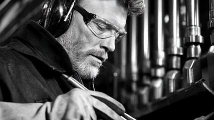 Craftsman inspecting cast products while applying secondary operations in a workshop focusing on quality control and detail.