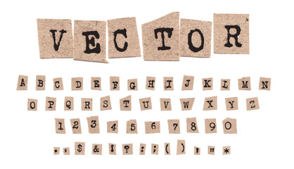 Obraz premium Old Brown Newspaper Cutout Letters Numbers and Punctuations Ransom Note Vector Set