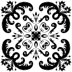 Elegant black-and-white ornamental floral pattern with symmetrical swirling details, perfect for decor, prints, crafts, and digital design projects.