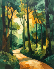 Cubist abstract forest overlap vibrant pathway through nature artistic landscape serene environment aesthetic viewpoint