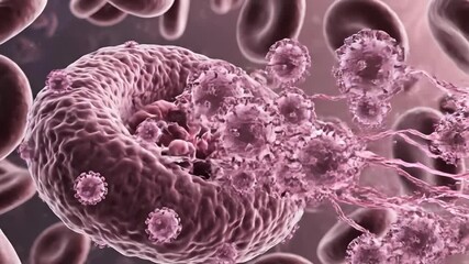 Microscopic view of viruses and red blood cells illustrating viral infection and the immune systems response within the human body a detailed medical animation. - Powered by Adobe