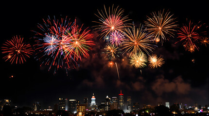 Obraz premium Spectacular Fireworks Display Over City Skyline at Night, Colorful Explosions Light Up the Darkness