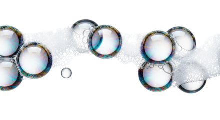 Cluster of realistic translucent soap bubbles and pristine white foam, featuring intense shimmering iridescence (blue, cyan, violet) on a pure white studio background, concept for cosmetic purity