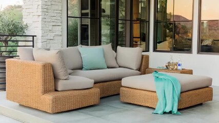 Contemporary outdoor seating with weatherresistant wicker elements paired with plush cushions creating a comfortable space for casual weekend lounging.