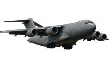 Military transport aircraft in flight, gray heavy jet cargo plane taking off with landing gear extended, transparent background