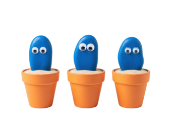 Three humorous handmade cerulean blue stone "cacti" with googly eyes in orange terracotta pots, on a bright white studio background with copy space. Concept of creative diy crafts
