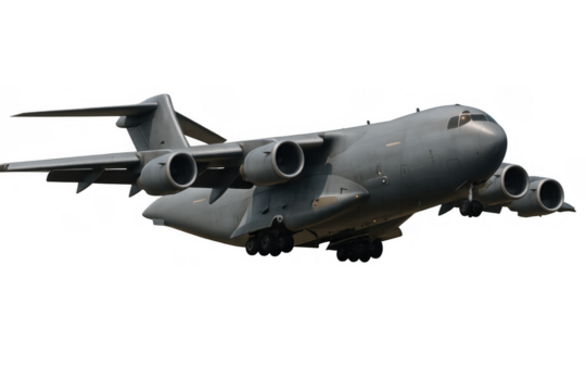 Military transport aircraft in flight, gray heavy jet cargo plane taking off with landing gear extended, transparent background - Powered by Adobe