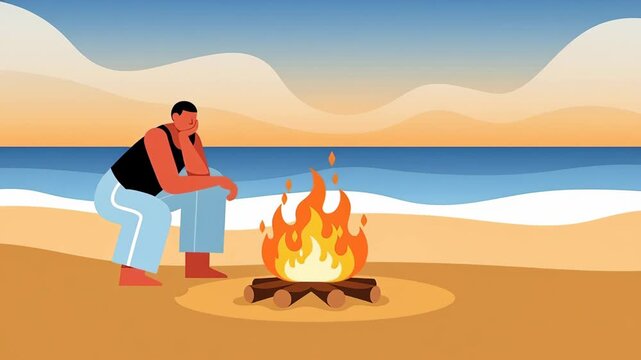 A Person Lights a Campfire on a Beach, Enjoying the Peaceful Coastline View