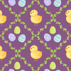 Bright and cheerful Easter pattern featuring chicks and colorful eggs for festive spring celebrations