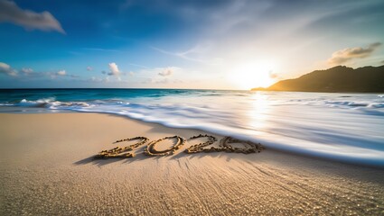 Golden beach with 2026 drawn in sand at sunset, ideal for promoting future vacations, resolutions, or tropical holiday plans