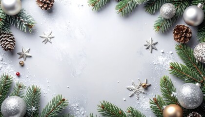 Holiday frame with snowy pine, silver ornaments, stars, and pinecones