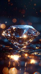 Obraz premium A brilliant diamond sparkles on a reflective surface with golden bokeh lights