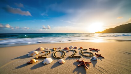 Golden beach with 2026 drawn in sand at sunset, ideal for promoting future vacations, resolutions, or tropical holiday plans