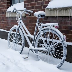 Bicycle covered in snow and ice parked outside on a cold winter day