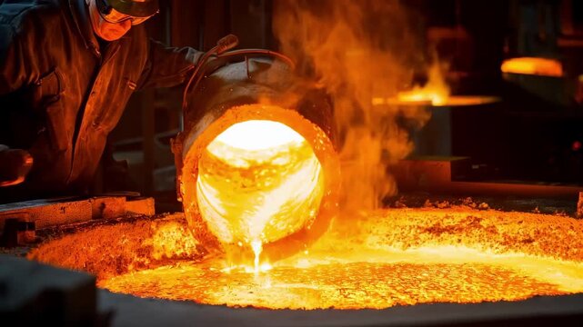 Industrial worker carefully mixing molten metals in a large crucible demonstrating the precision required for crafting corrosionresistant nickel alloys.