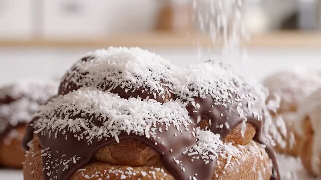 step-by-step process of decorating cream puffs with chocolate and powdered